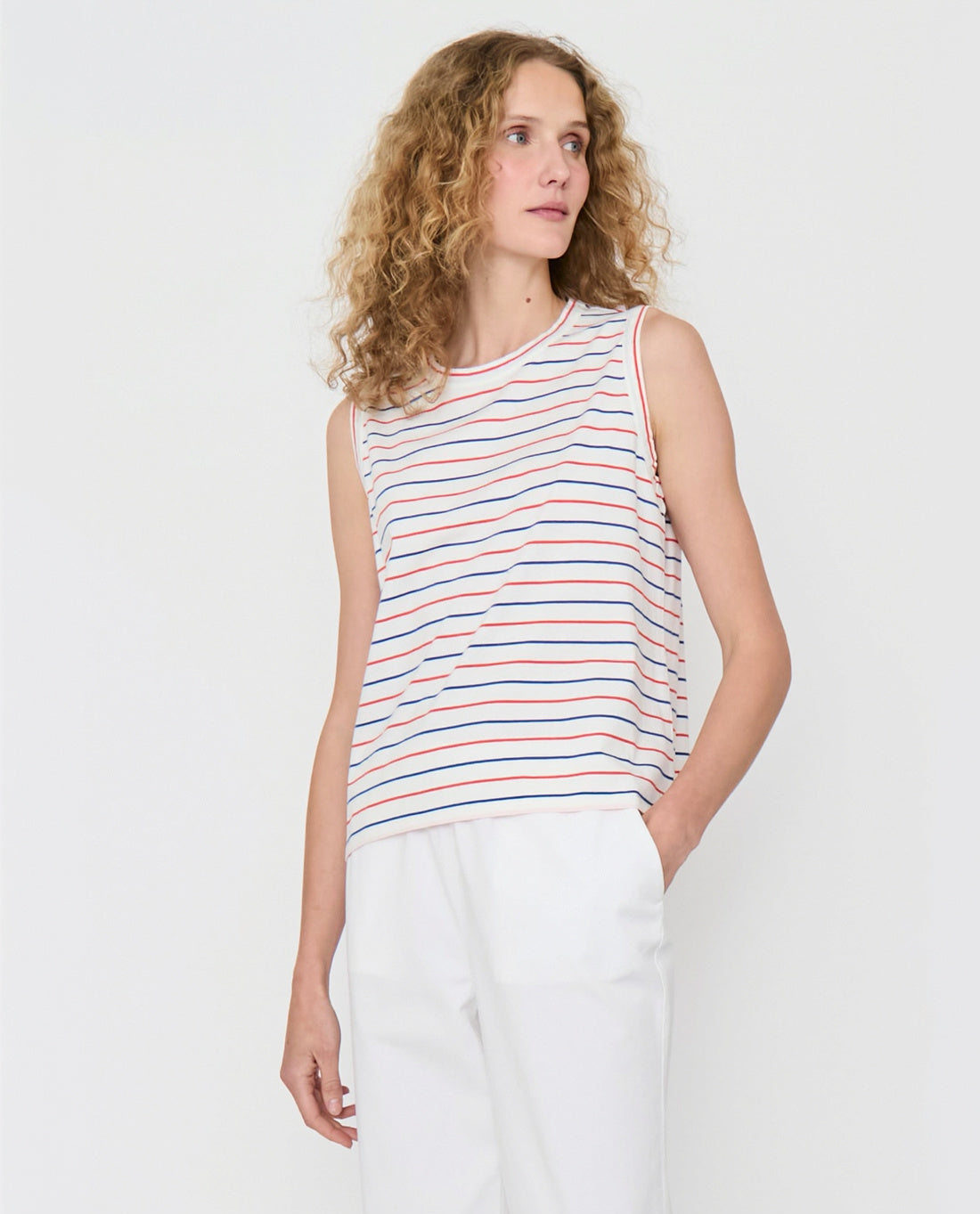 The Tank - White/Blue/Poppy Pinstripe