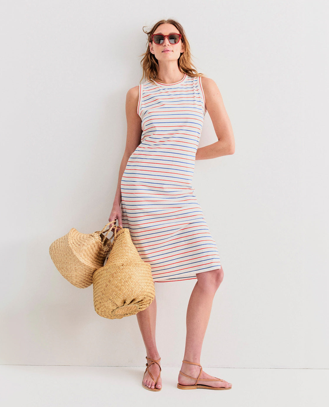 The Tank Dress - White/Blue/Poppy Pinstripe
