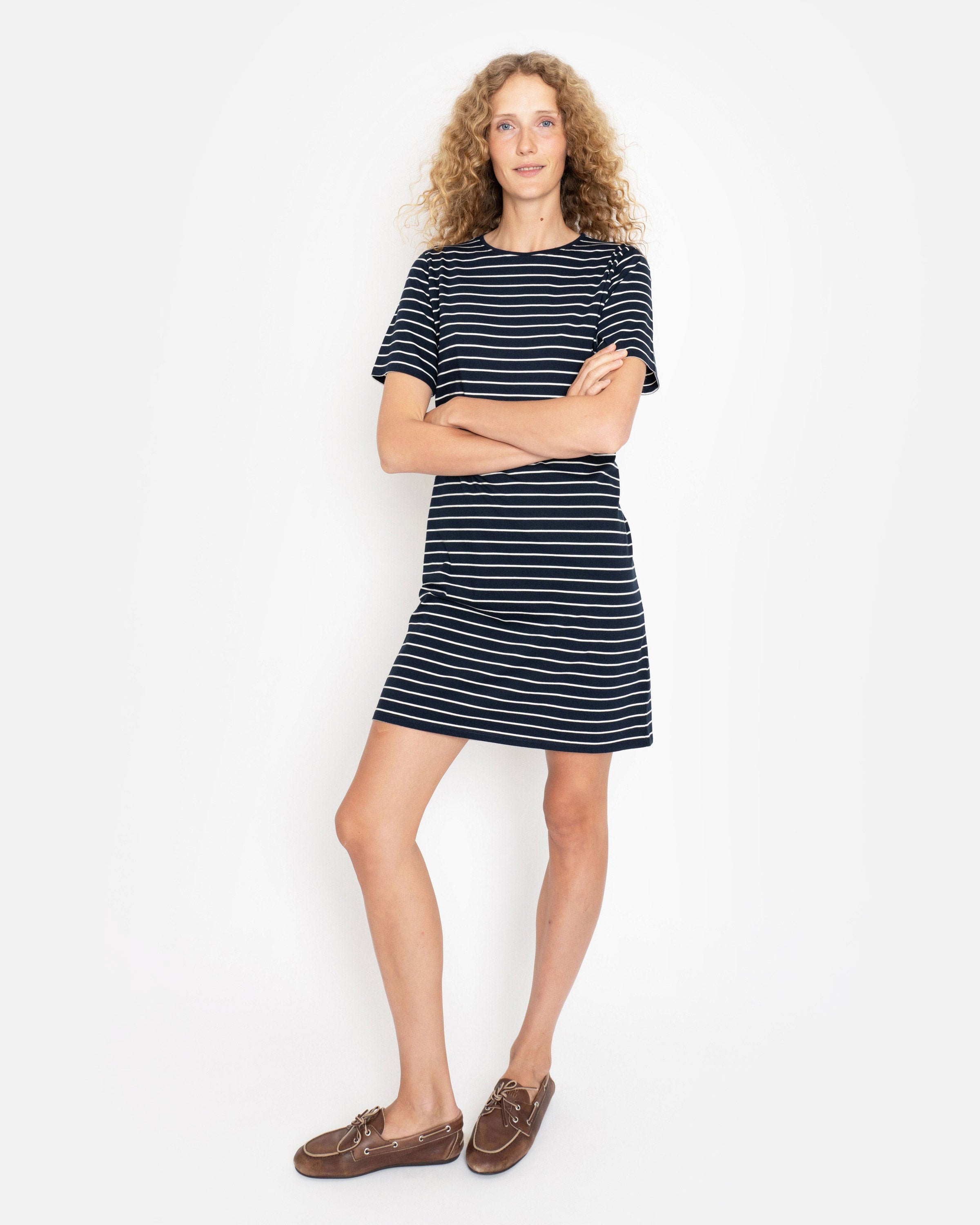 The Tee Dress - Navy/Cream Pinstripe