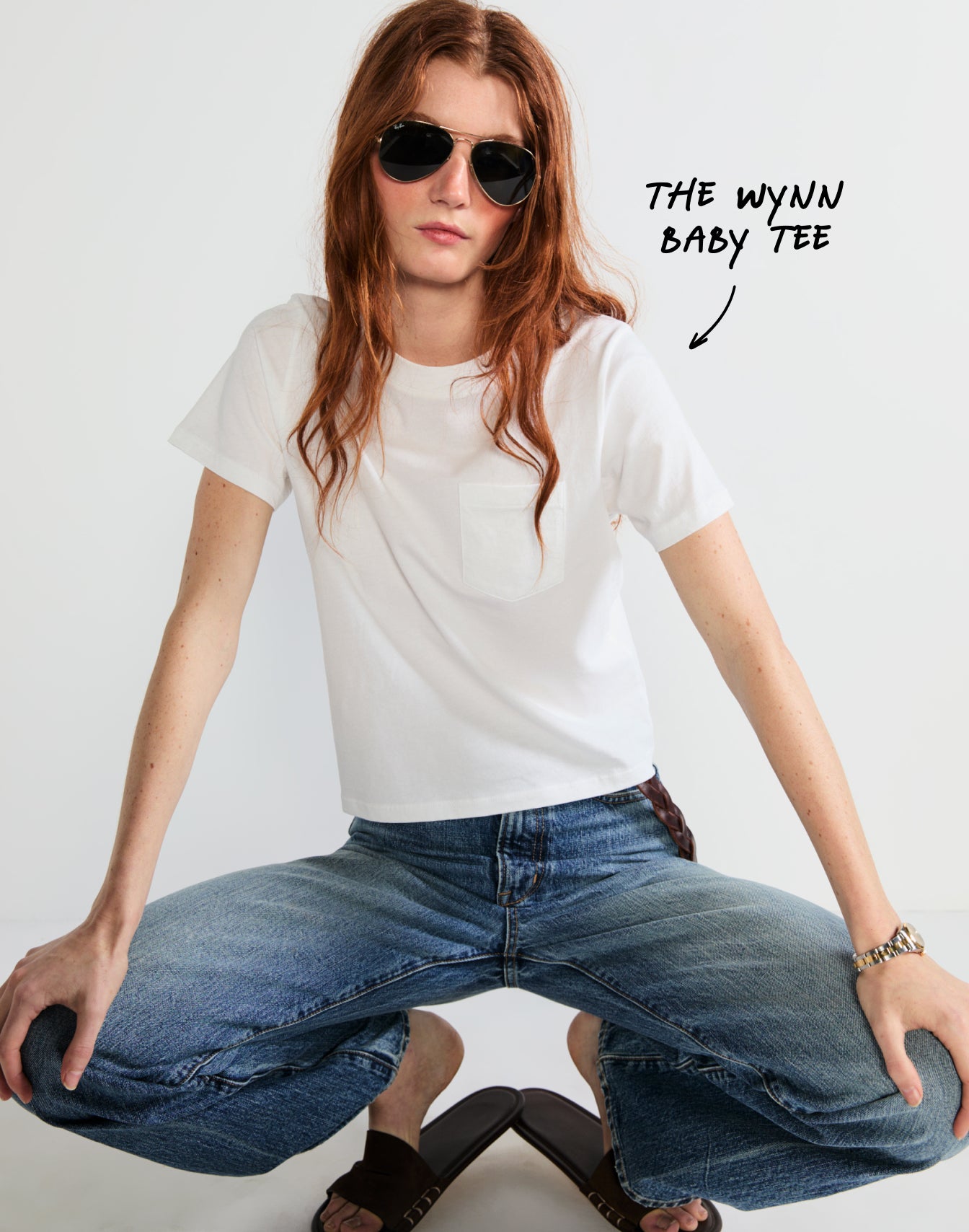 Model wearing The Wynn Baby Tee - White